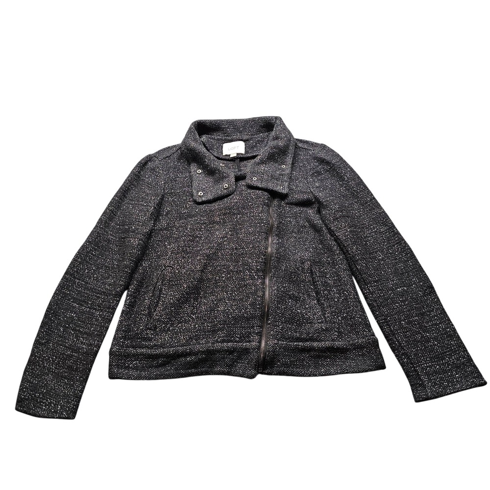 Ann Taylor LOFT Moto Jacket Womens Medium Black White Marled Asymmetrical Zip